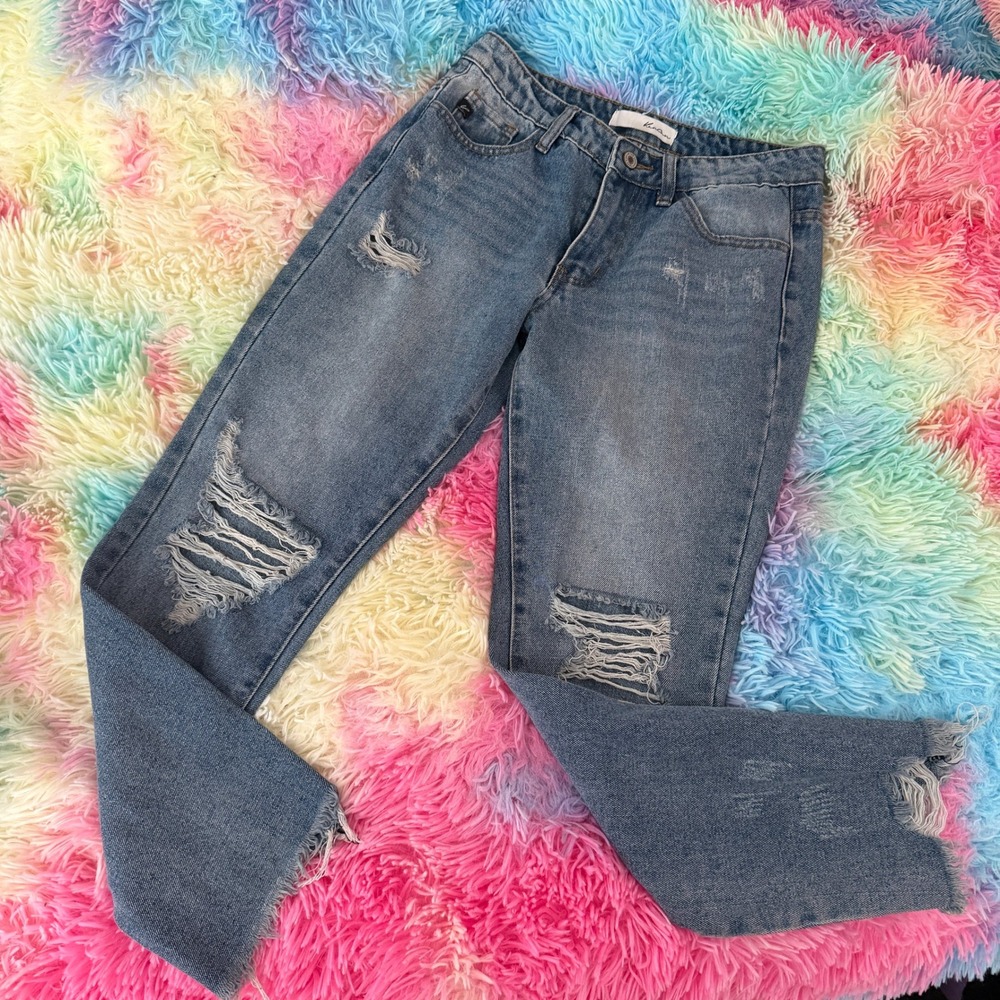 KanCan Distressed Jeans Womens 3/25 Blue High Waist Raw Hem Distressed‎